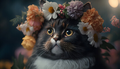 cat in the garden full of flowers in spring