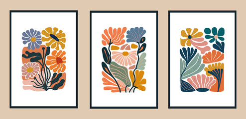 Set of creative cards with hand drawn floral elements. Vector illustration.