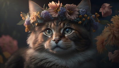 cat in the garden full of flowers in spring