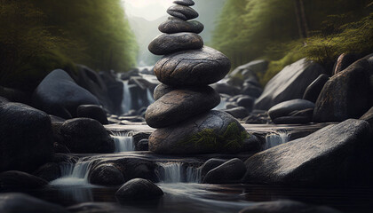 Tranquil Stacked Zen Stones and Pebble Rocks in a Serene Stream, Generative AI