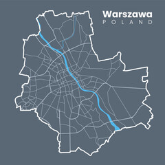 Detailed map of Warsaw - the capital of Poland - Urban borders map. Light stroke version on dark background of City poster with streets and Vistula River.