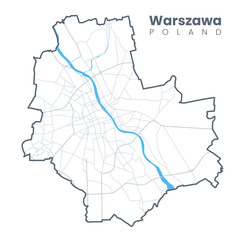 Detailed map of Warsaw - the capital of Poland - Urban borders map. Light stroke version of City poster with streets and Vistula River.
