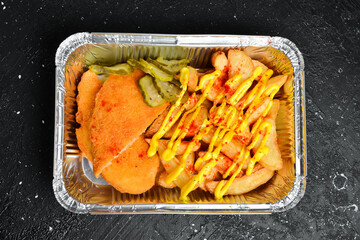 Fast food. French fries and chicken schnitzel in a disposable dish. On a wooden board.