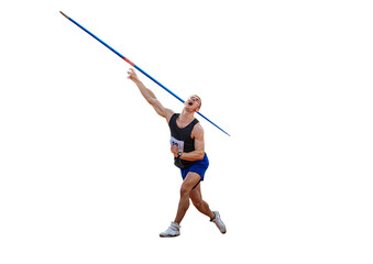 male athlete javelin throwing in decathlon athletics competition on transparent background, sports photo - obrazy, fototapety, plakaty