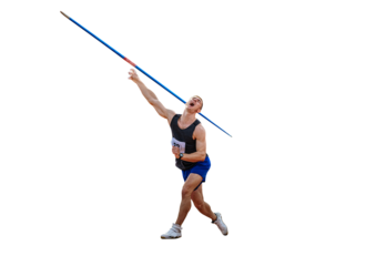 male athlete javelin throwing in decathlon athletics competition on transparent background, sports photo