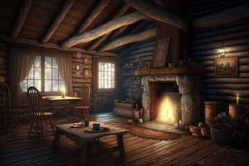 Fototapeta na wymiar A cozy log cabin with a crackling fireplace and rust Generative AI