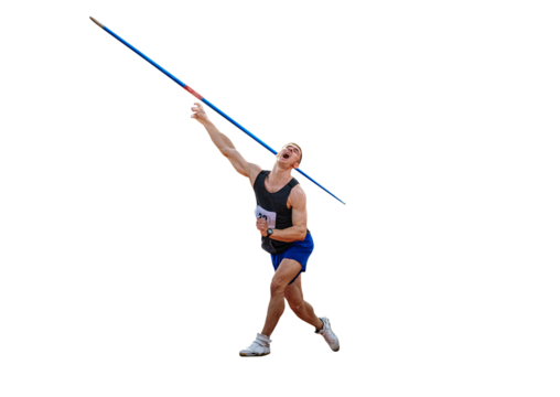 male athlete javelin throwing in decathlon athletics competition on transparent background, sports photo