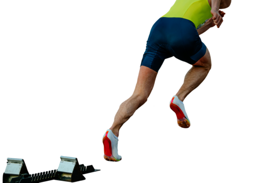 athlete running sprint race from starting blocks in athletics competition on transparent background, sports photo