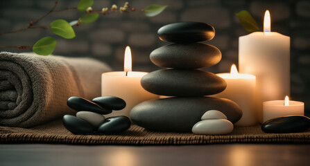 Obraz na płótnie Canvas candles, flower, towel and stones for thalassotherapy in the spa area. cozy atmosphere. body care. generative AI