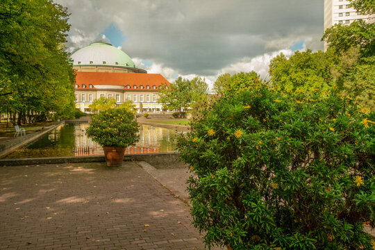 Stadtpark and HCC Hannover Congress Centrum in distance , dramatic sky in low Saxony!