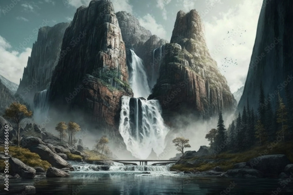 Wall mural A majestic waterfall with cascading waters and misty Generative AI