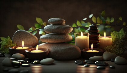 candles, flower, towel and stones for thalassotherapy in the spa area. cozy atmosphere. body care. generative AI