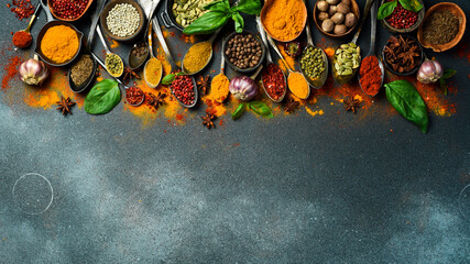 Variety of spices and herbs on kitchen table. Top view. Free space for text.