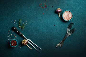 Blue kitchen cooking background. Banner for menu. Top view. Flat lay.