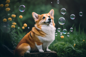 Very cute corgi dog and flowers enclosed in a bubble. AI generated illustration.
