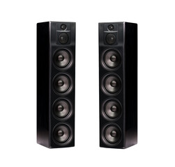 Pair of professional modern audio speakers in black wooden casing isolated on transparent background - obrazy, fototapety, plakaty