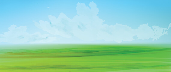 Green grass meadow landscape. Green field banner. Wide and minimal spring background. 