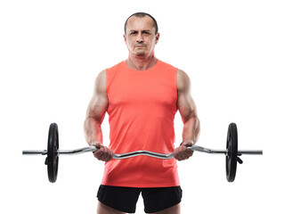 Mature man doing fitness workout with barbell