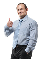Businessman showing thumbs up sign, on white