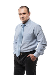 Confident business person on white, hands in pockets