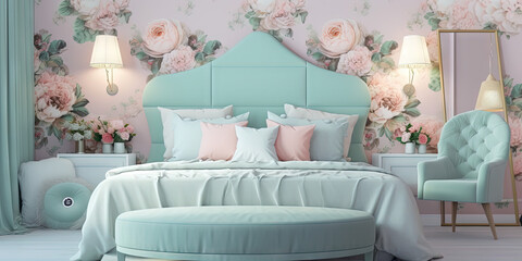 Spring floral pastel bedroom with floral wallpaper