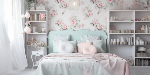 Spring floral pastel bedroom with floral wallpaper
