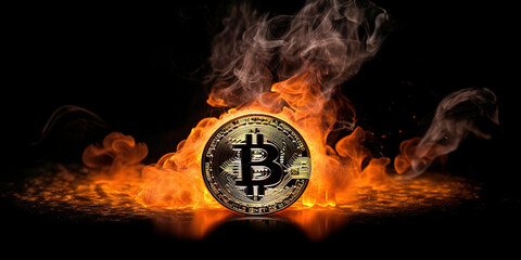 Bitcoin logo on fire - cryptocurrency industry burning