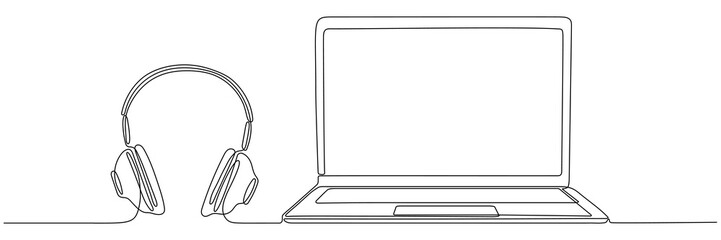 Obraz premium Laptop with headphones continuous line drawing. Open computer linear gadget. Vector illustration isolated on white.