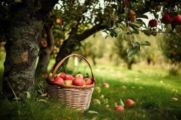 Farm with apple trees and a basket full of apples Generative AI Illustration