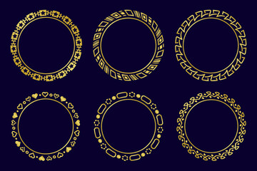 Circle golden frame set. Abstract vintage, royal rounded frames collection. Elegant, luxury gold geometric circle borders.