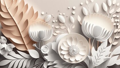 Generative AI, Paper cut craft flowers and leaves, white color, floral origami textured background, spring mood. Photorealistic effect.	
