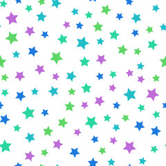 Fototapeta na wymiar Seamless repeating pattern of vivid green, purple, blue stars on white background for fabric, textile, papers and other various surfaces