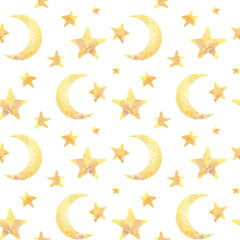 The moon and stars are yellow on a white background. Watercolor illustration. Seamless pattern from the BAMBOO collection. For decoration and design of fabrics, wallpaper, textiles, packaging paper.