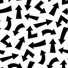 Different bold black arrows isolated on white background. Cute monochrome seamless pattern. Vector simple flat graphic illustration. Texture.