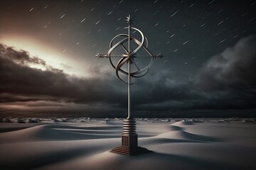 AI-generated illustration of a weathervane in the snow. MidJourney.