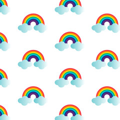 Colorful rainbow and clouds in the sky in cartoon style pattern illustration background.