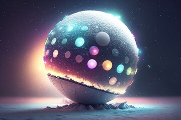 Huge snowball covered in colorful lights and slowly rotating on a dance floor serving as a wintry and unique disco ball, concept of Glittering and Festive, created with Generative AI technology