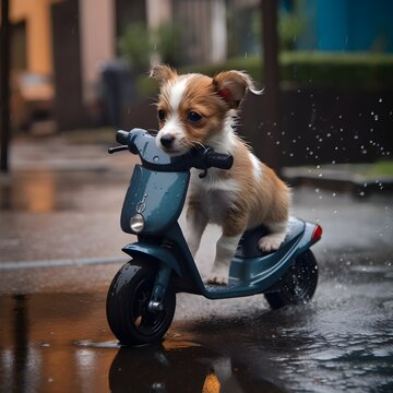 tiny dog on a motorcycle in the rain