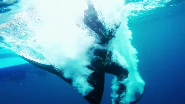 Scuba Diver Jumps From a Dive Boat - Boat Diving. Open Water Diving. High speed Camera Shot. Scuba Diver in Action.