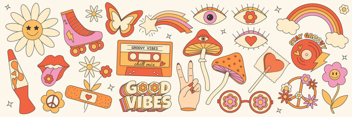 Retro groovy hippie 70s set. Sticker collection in trendy retro psychedelic cartoon style. Mushroom, flower, eye, rainbow, butterfly, good vibes