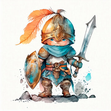 Watercolor illustration for children of a cute boy knight