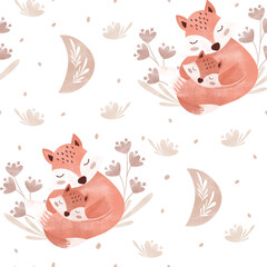 Fototapeta na wymiar watercolor seamless pattern fox and moon, mommy and baby foxes on white background with flowers