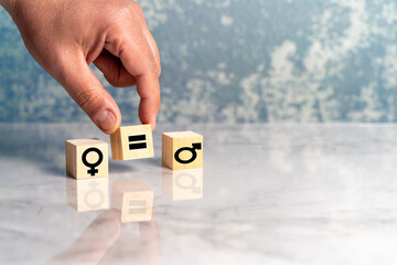 Person places equality symbol between two wooden cubes with male and female symbols. High quality...