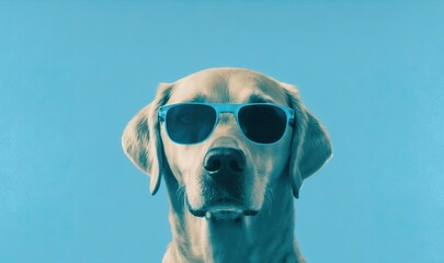 Obraz na płótnie Canvas a dog with sunglasses on its head and a blue background is looking at the camera with a serious look on his face and eyes,. generative ai
