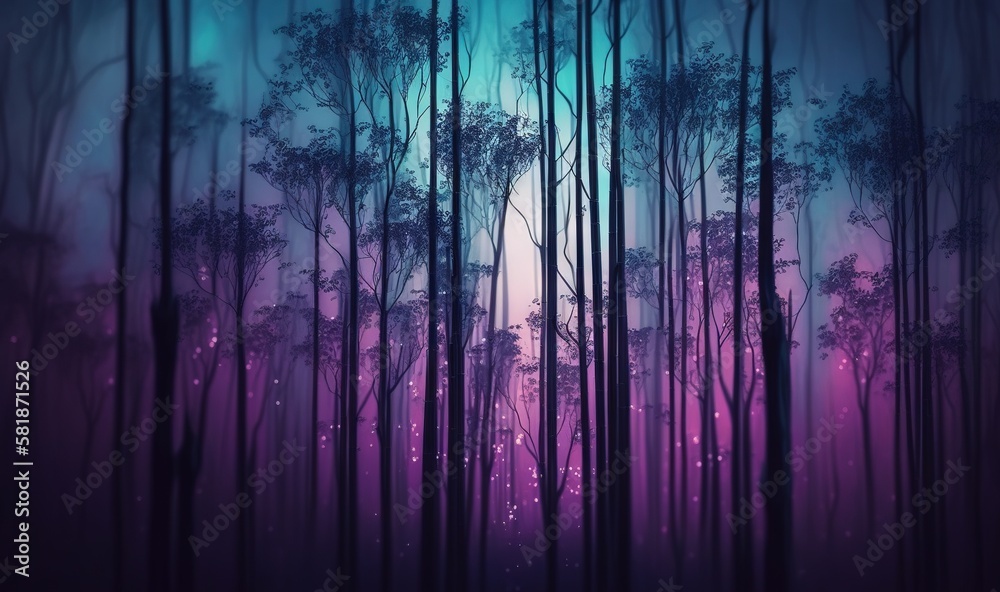 Wall mural a forest filled with lots of tall trees under a purple and blue sky with stars and a full moon in th