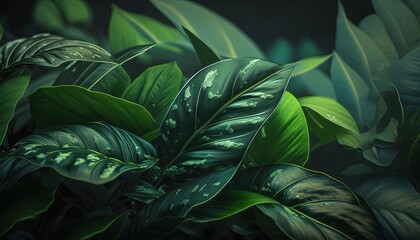 Plakat a painting of green leaves on a black background with a dark background and a green background with a green leafy plant in the foreground. generative ai