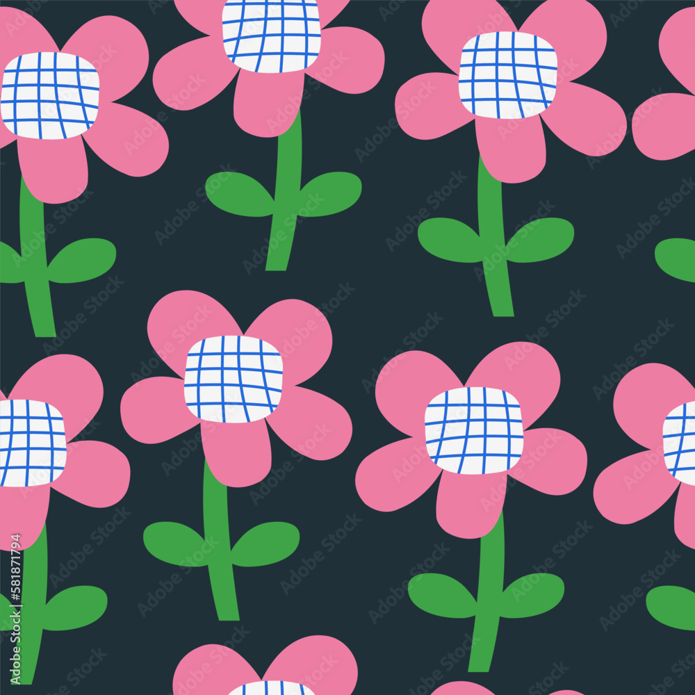 Wall mural Seamless pattern with big pink flowers. Simple childish summer print. Vector hand drawn illustration.