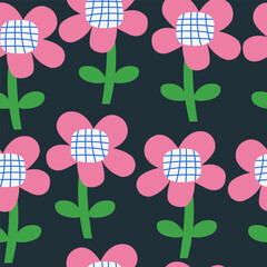 Seamless pattern with big pink flowers. Simple childish summer print. Vector hand drawn illustration. - 581871794