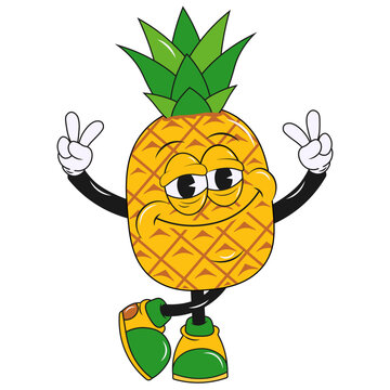 Cartoon vector comic character fruit, yellow pineapple with happy smiling face in retro style,funny,crazy colorful flat style character. Vector illustration of fruit in trendy vintage style.