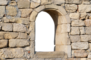 Window in old stone stone wall in PNG isolated on transparent background